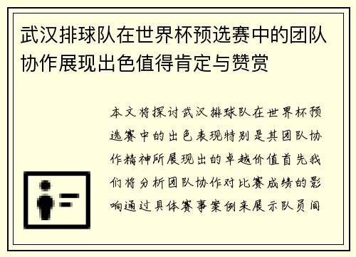 武汉排球队在世界杯预选赛中的团队协作展现出色值得肯定与赞赏